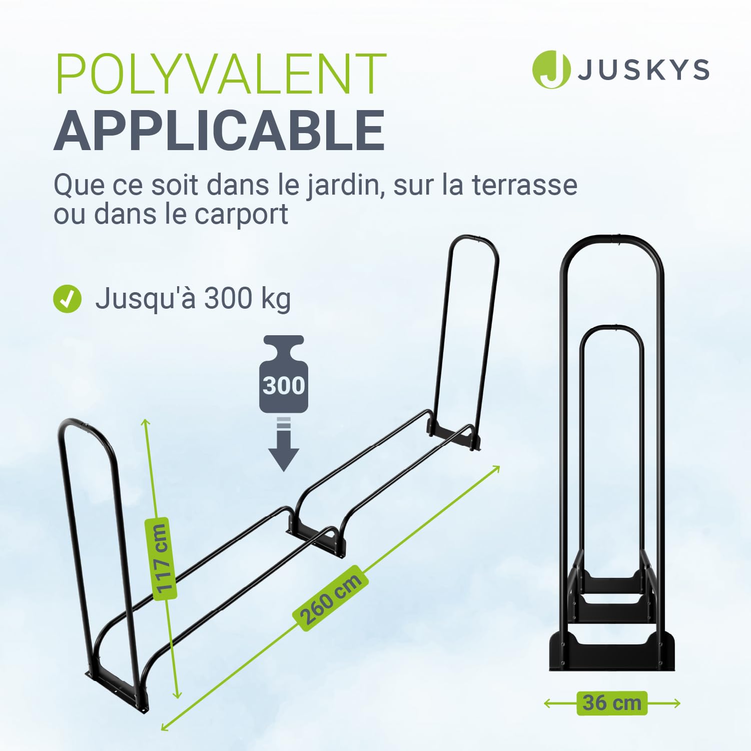 Juskys range-bûches L 260 x 117 x 36 cm noir support à bois de chauffage en acier avec housse Oxford abri à bois extérieur charge 300 kg