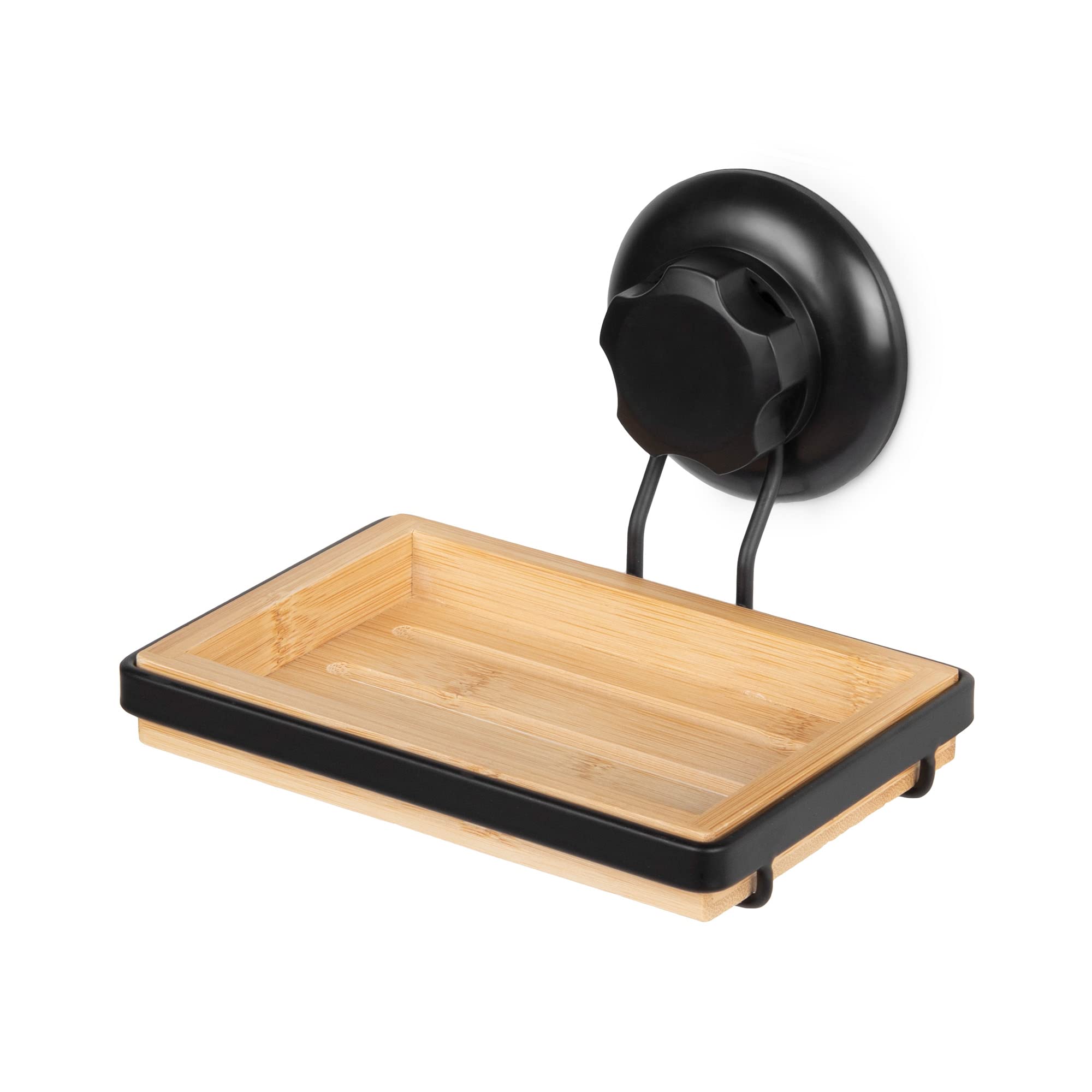 Porte-savon mural Bestlock pour une douche moderne en bambou et métal noir