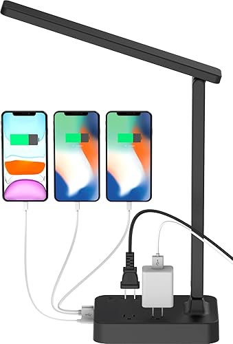 Drevet Lámpara de escritorio LED con puerto de carga USB C, lámpara de mesa con 3 cargadores USB y 2 tomas de corriente CA, modelo de 3 colores,