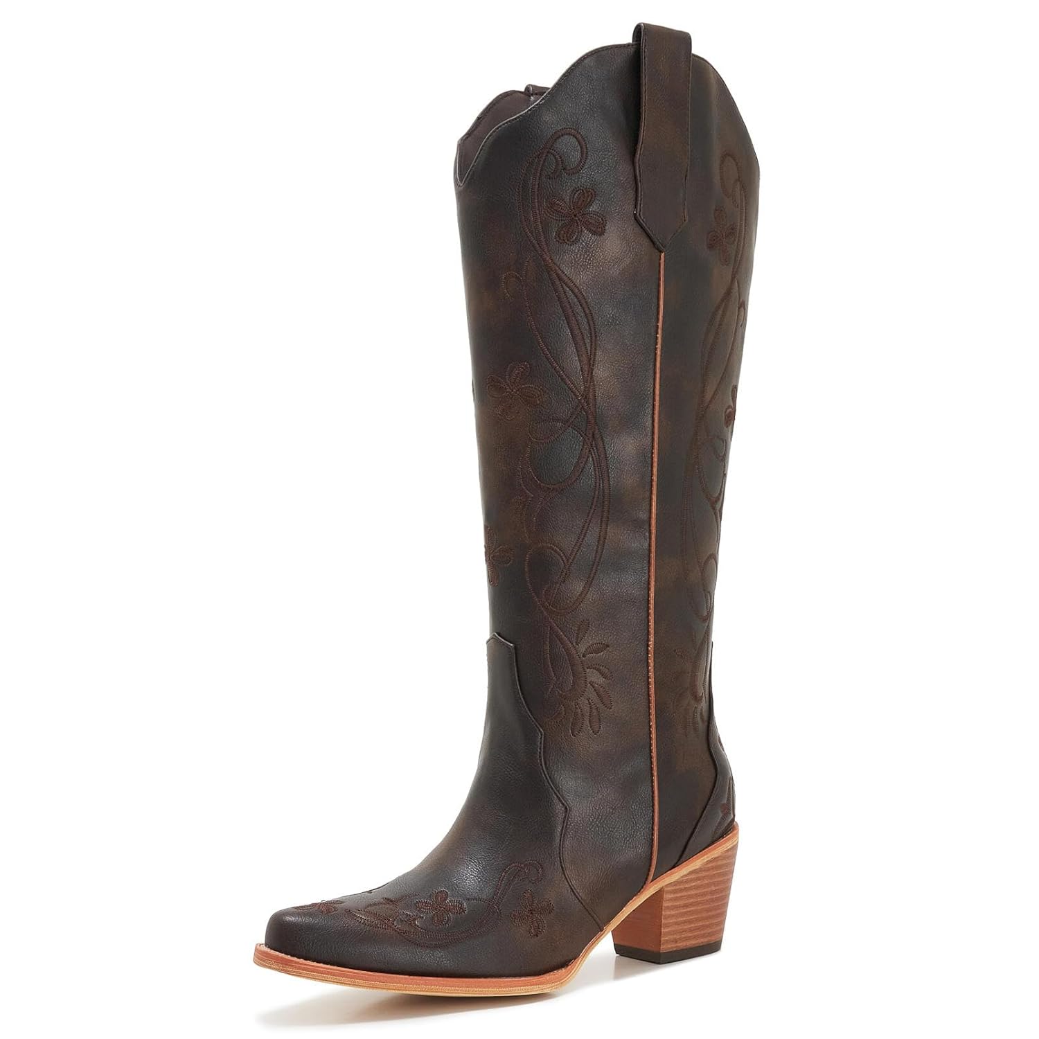 Womens Wide Calf Cowboy Boots Knee High Western Cowgirl Boots with Floral Embroidery Pointed Toe Chunky Block Heel