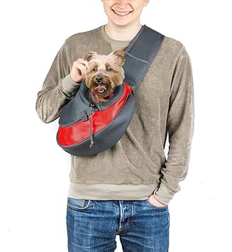 24x7 eMall Pet Sling Carrier - Small Dog Cat Sling Pet Carrier Bag Safe Comfortable Adjustable Pouch Single Shoulder Carry Tote Handbag for Pets Upto 7Kgs 16 x 9 Inch (Red 16 x 9 Inch)