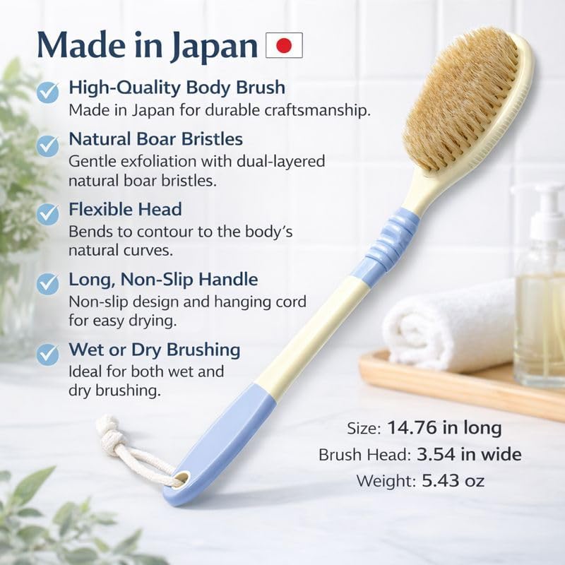 Back Scrubber for Shower [Made in Japan] Flexible Head Wet or Dry Brushing Body Brush, Natural Boar Bristle, Long Handle Exfoliating