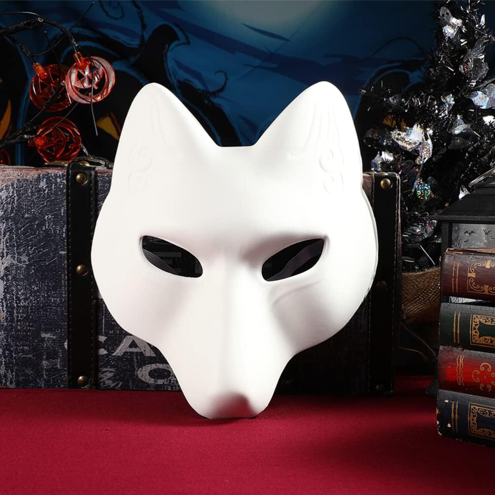 Toddmomy Blank Fox Mask, 2Pcs Halloween Fox Mask DIY Blank Japanese Kabuki s White Paintable for Halloween Masquerade Costume Prop