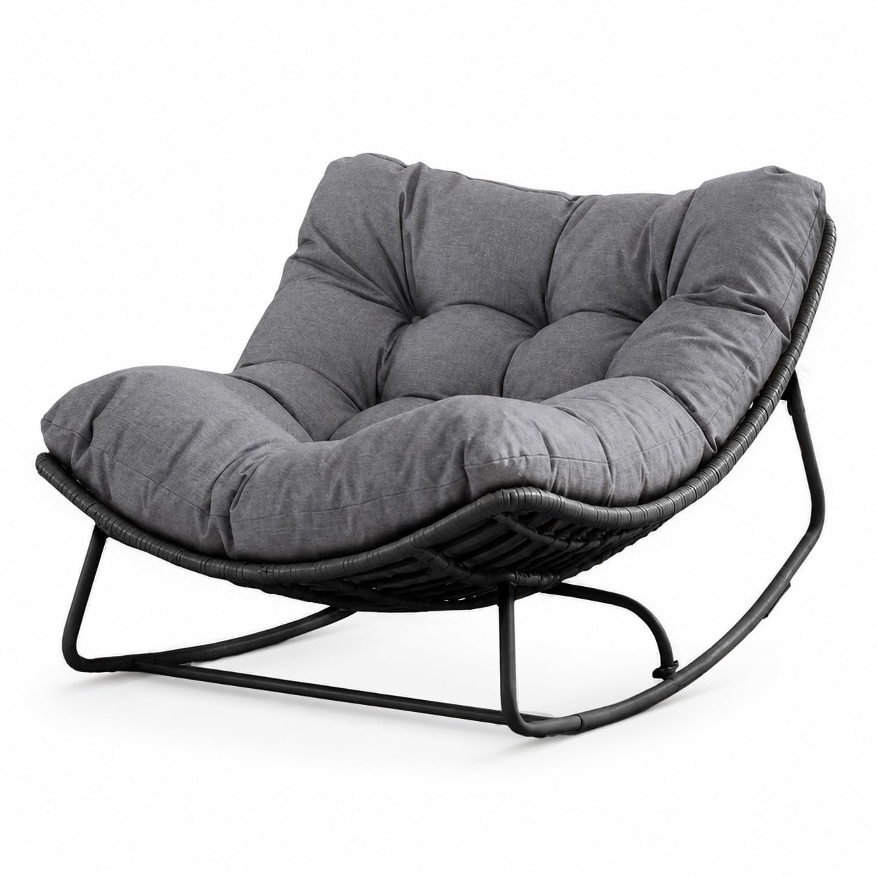 Home Republic Wide Oversized Rocking Egg Chair, Rattan Lounge Rocker with Water-Resistant Chunky Cushion for Indoor Outdoor, Patio, Garden, Living Room, Nursery, 150kg Capacity (Black)