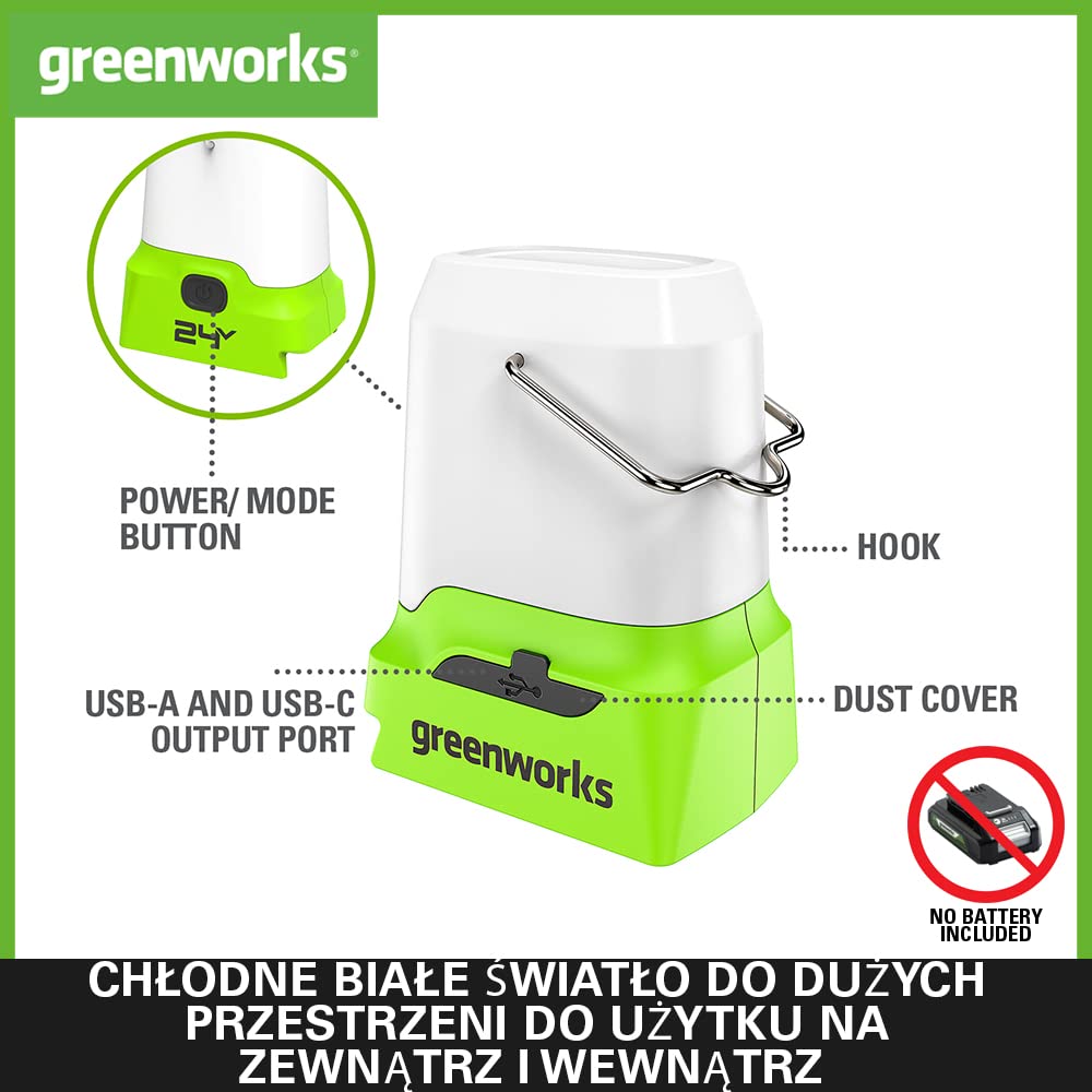 Greenworks G24LA500 Akumulatorowa Latarnia i Lampa Kempingowa z Hakiem do Zawieszania, 500 Lumenów, 3 Ustawienia Jasności, Gniazda USB i Typu C BEZ Akumulatora 24V i Ładowarki, 3 Lata Gwarancji