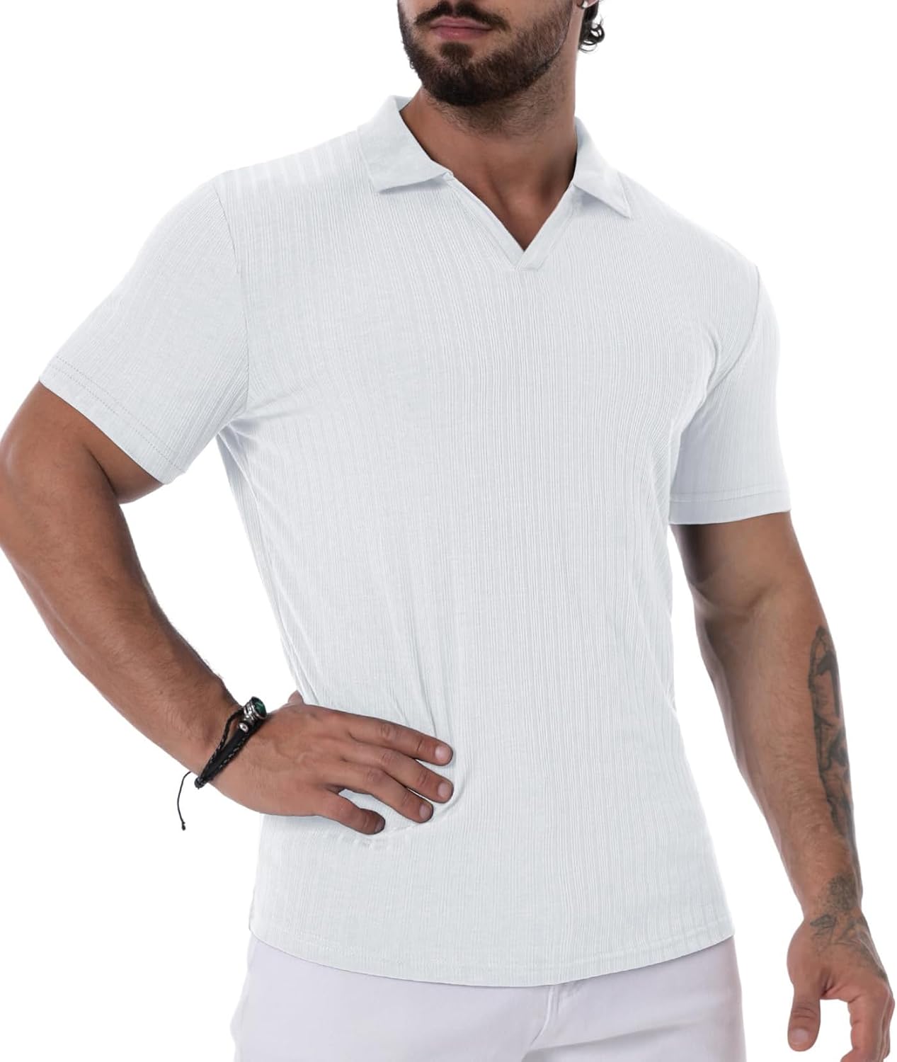 Men's Collared Muscle Polo Shirts Slim Fit Short Sleeve V Neck T Shirts Men Zipper Ribbed Golf Shirt Casual Stylish - Image 3