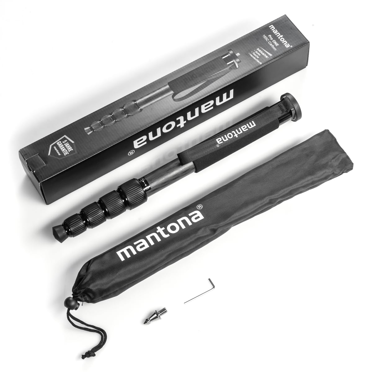 mantona Pro One Einbeinstativ aus ultraleichtem Carbon schwarz, Stativ höhenverstellbar von 44 cm bis 165 cm, praktische Schaumstoffummantelung & Handschlaufe, kompakt & belastbar mit Zubehör