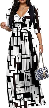 Womens Church Maxi Wrap V Neck 3/4 Sleeve Tie Waist Plus Size Long Dress