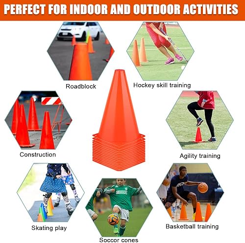 Miniatura 5 de Conos deportivos de 9 pulgadas, paquete de 15 conos de fútbol naranjas, marcadores de campo de agilidad, conos de tráfico de plástico para