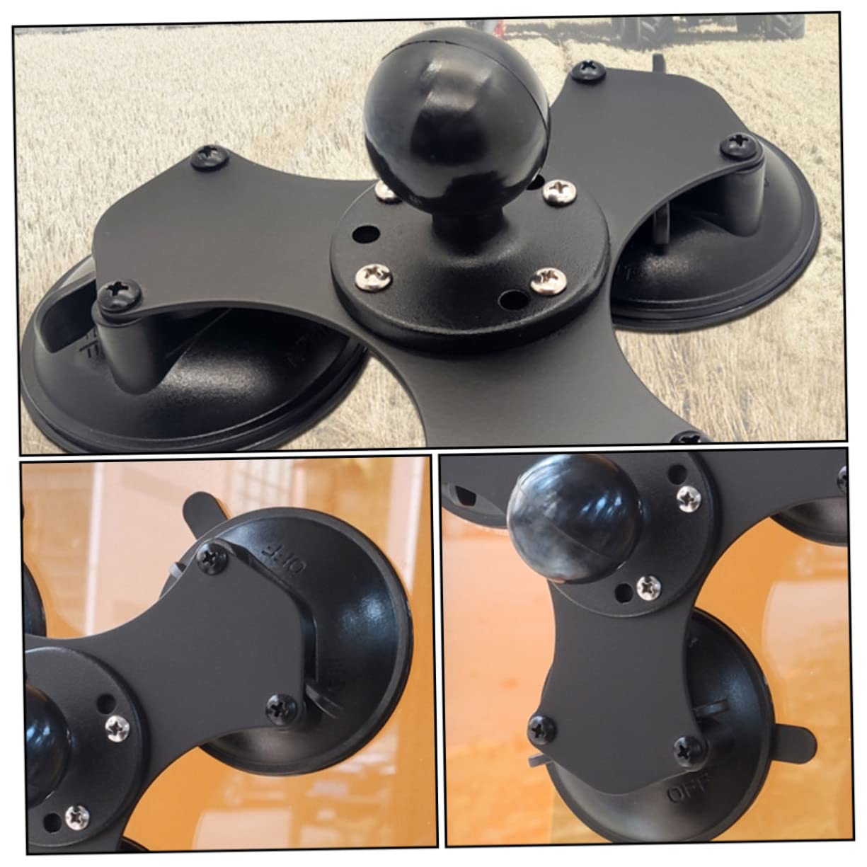 Operitacx Soporte de Ventosa Triple para Parabrisas Ajustable Negro | Base Bloqueo, Rótula 360° y Montaje de 1, 5 Pulgadas, Aleación y Nylon