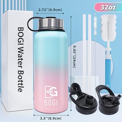 Miniatura 2 de BOGI Botella de agua aislada de 32 onzas, botella de agua de acero inoxidable al vacío de doble pared con popote y 3 tapas, a prueba de sudor,