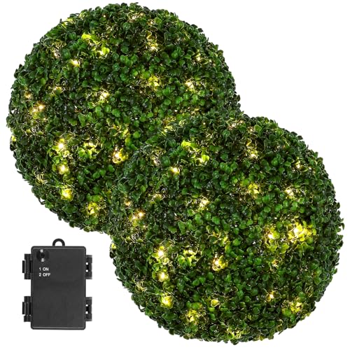 2 Pcs Lighted Topiary Ball Outdoor Pre-Lit Faux Boxwood Planter Filler Sphere, Artificial Topiary Ball， Decorative for Backyard, Balcony, Garden, Wedding Party, Home Office (15 * 15)