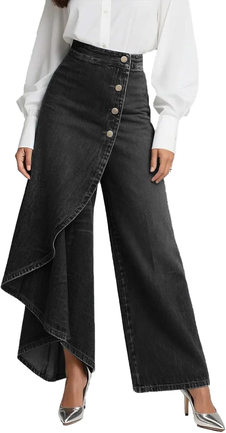 Women's High Waisted Asymmetrical Wrap Wide Leg Jeans, Button Front Denim Skirt Pants for Casual Streetwear