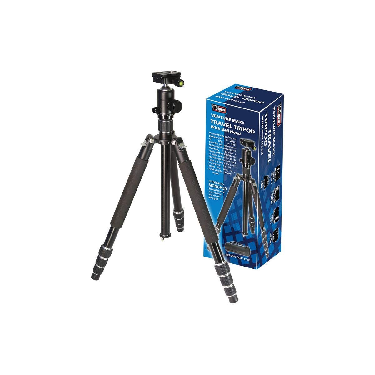 VidPro AT-72 VentureMaxx 72 Professional 4-Section Twist-Lock Aluminum Travel Tripod with Quick Release Ball Head 20 lbs Capacity