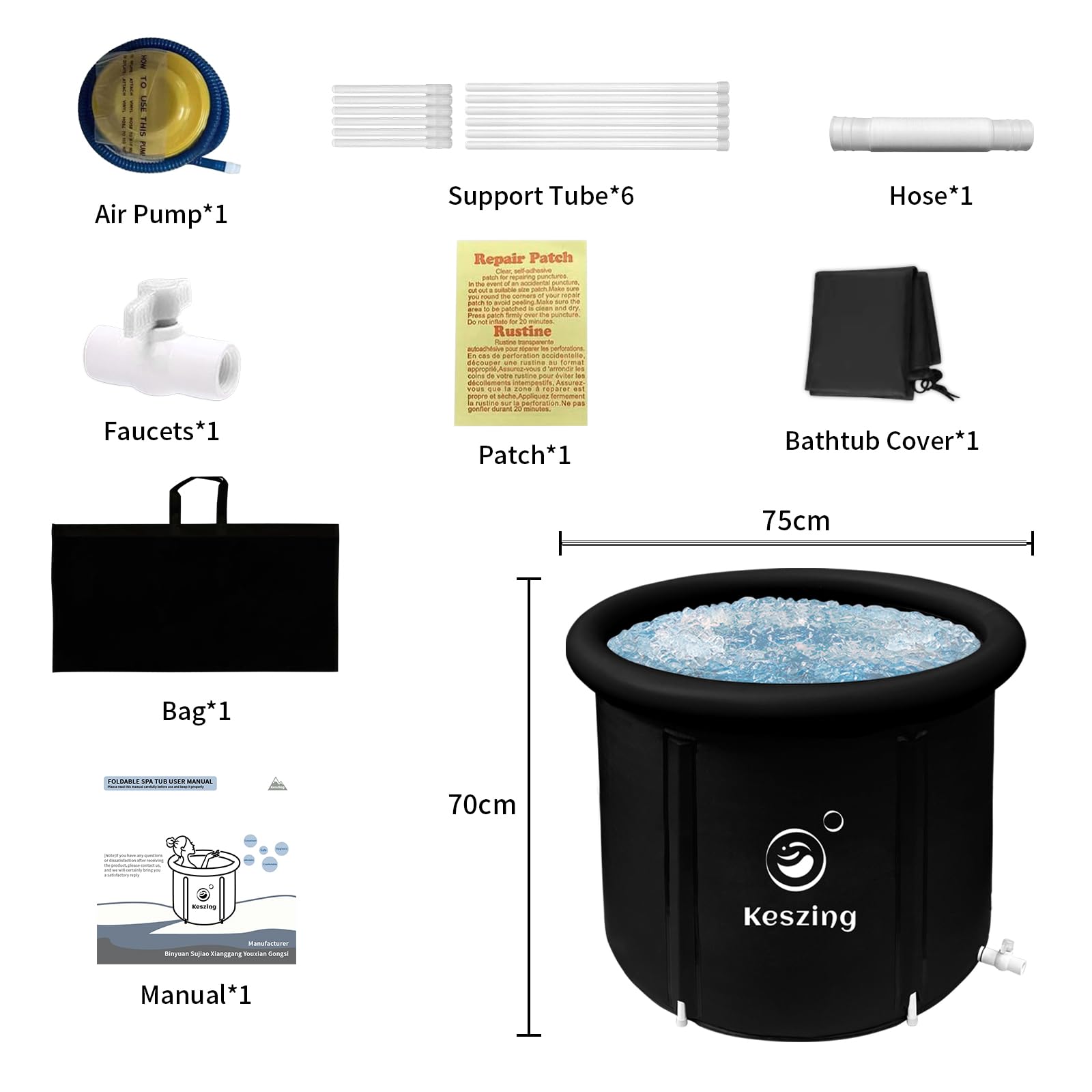 Vasca da bagno gonfiabile portatile per bagno di ghiaccio con copertura pieghevole autoportante vasca da bagno all'aperto vasca da bagno per casa (Nero, 75x75x70cm)