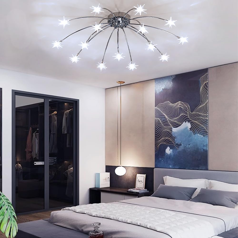 Led Fireworks Ceiling Lights Unique Starry Sky Ceiling Lamp Fixture Gold Chrome-Plated Chandelier Glass Lampshade Living Room Bedroom Dining Room Hanging Light Kids-Lamp (Chrome, White Light 15) — image 1