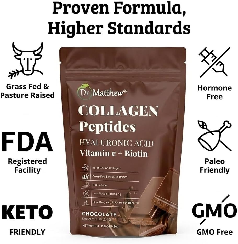Chocolate Collagen Powder. Collagen with Hyaluronic Acid and Vitamin C. Chocolate Collagen Peptides Powder Chocolate. Collagen with Vitamin C & Biotin for Hair, Skin, Nails, Joint. Keto, Type 1 and 3.