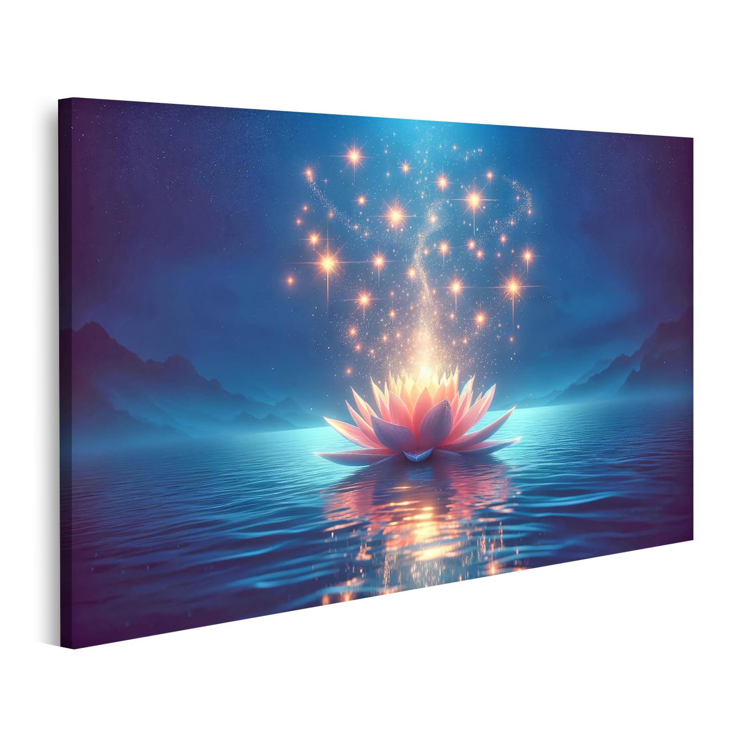 Tableau sur toile fleur de lotus lumineuse et ciel étoilé magique pour salon zen