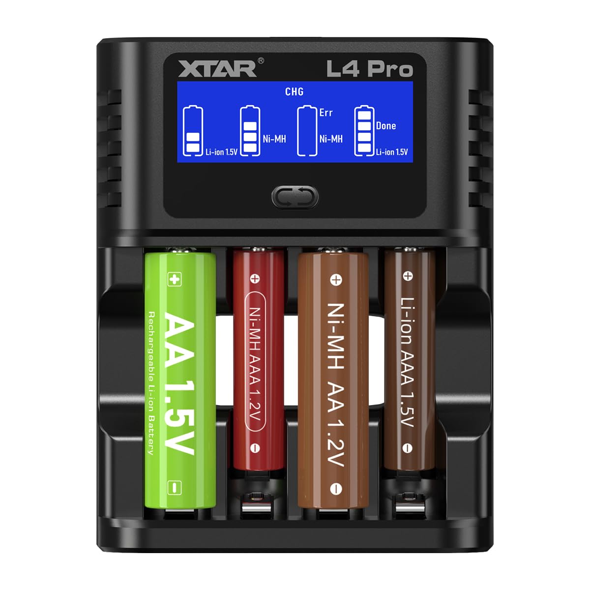 XTAR Chargeur L4 Pro pour piles AA AAA - Chargeur rapide compatible avec batteries NI-MH et Li-Ion - Chargeur intelligent avec protection contre les surcharges pour batteries 1,2 V et 1,5 V