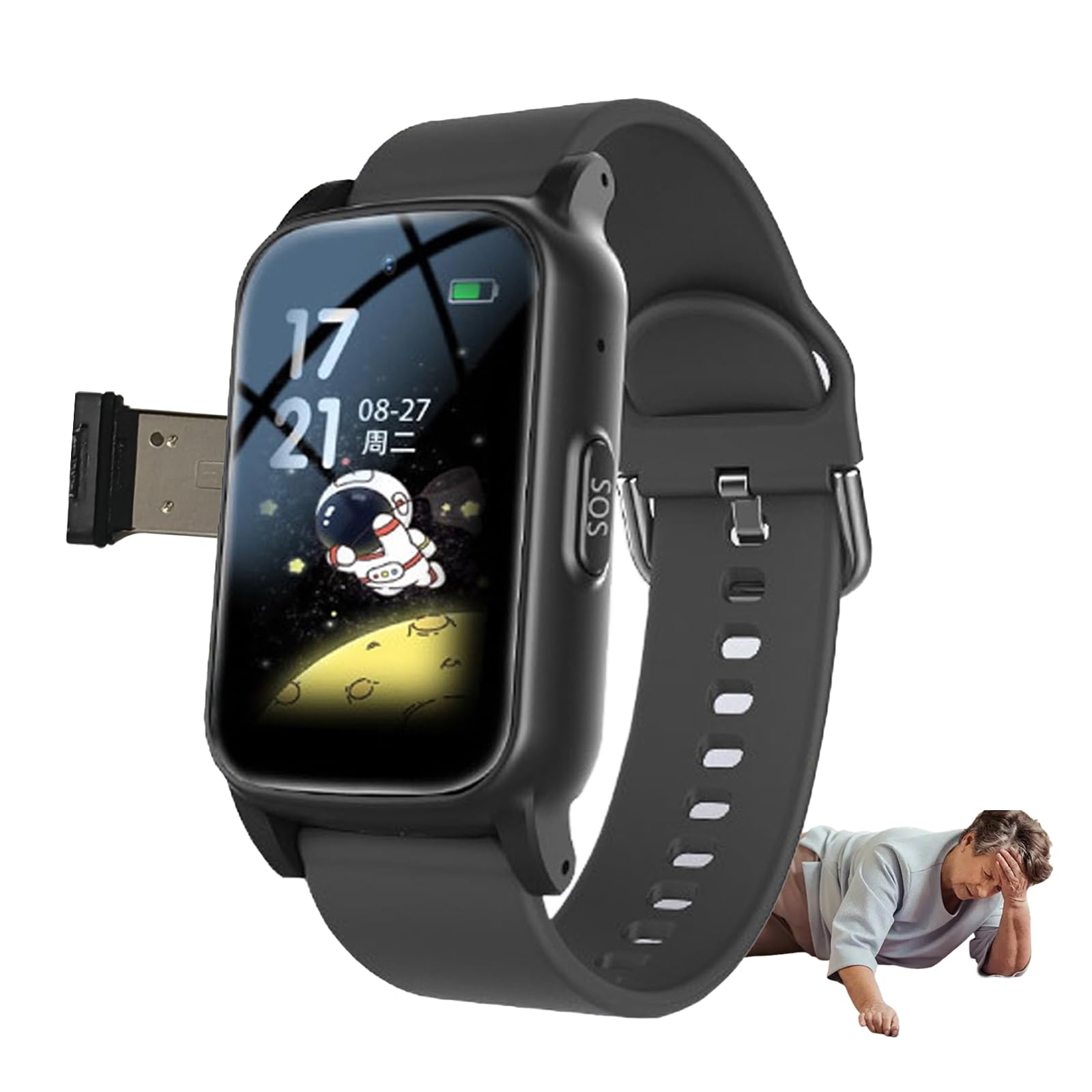 Dispositifs De Détection De Chute pour Seniors, Tracker GPS 4G pour Personnes Âgées, pour Alzheimer Et Démence, Appel Vidéo HD Montre Connectée SeniorBlack,1.25 * 0.57 * 2.22inch