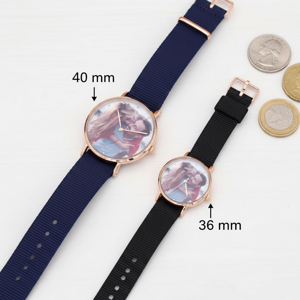 Reloj de fotos personalizado para parejas, reloj de cuarzo personalizado, correa de lona duradera, caja de oro rosa, adecuado para llevar en el día de San Valentín, cumpleaños y aniversario.