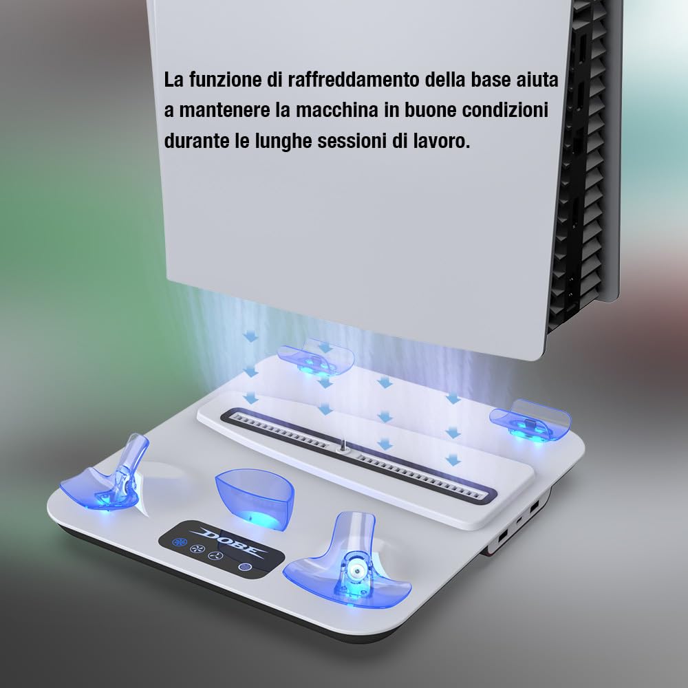 Supporto di Ricarica con Ventola di Raffreddamento per PS5 Pro/PS5 Slim/PS5 Digital/Disc Edition, Dock per Controller PSVR2, con Ricarica Controller, Indicatore LED, Gamepad Joystick Cappucci