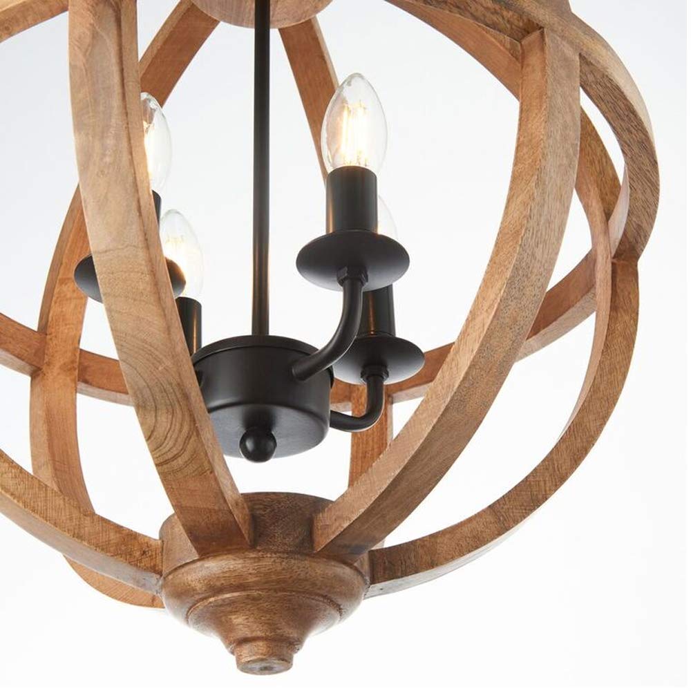 Multi Light Sufit Wisiorek – 4 żarówki mango drewno i ciemny brąz – 40 W E14 żarówka świeczka vintage – solidna okrągła kopuła klosz lampy – łańcuch z regulacją wysokości i zestaw retro róży – kompatybilna z LED
