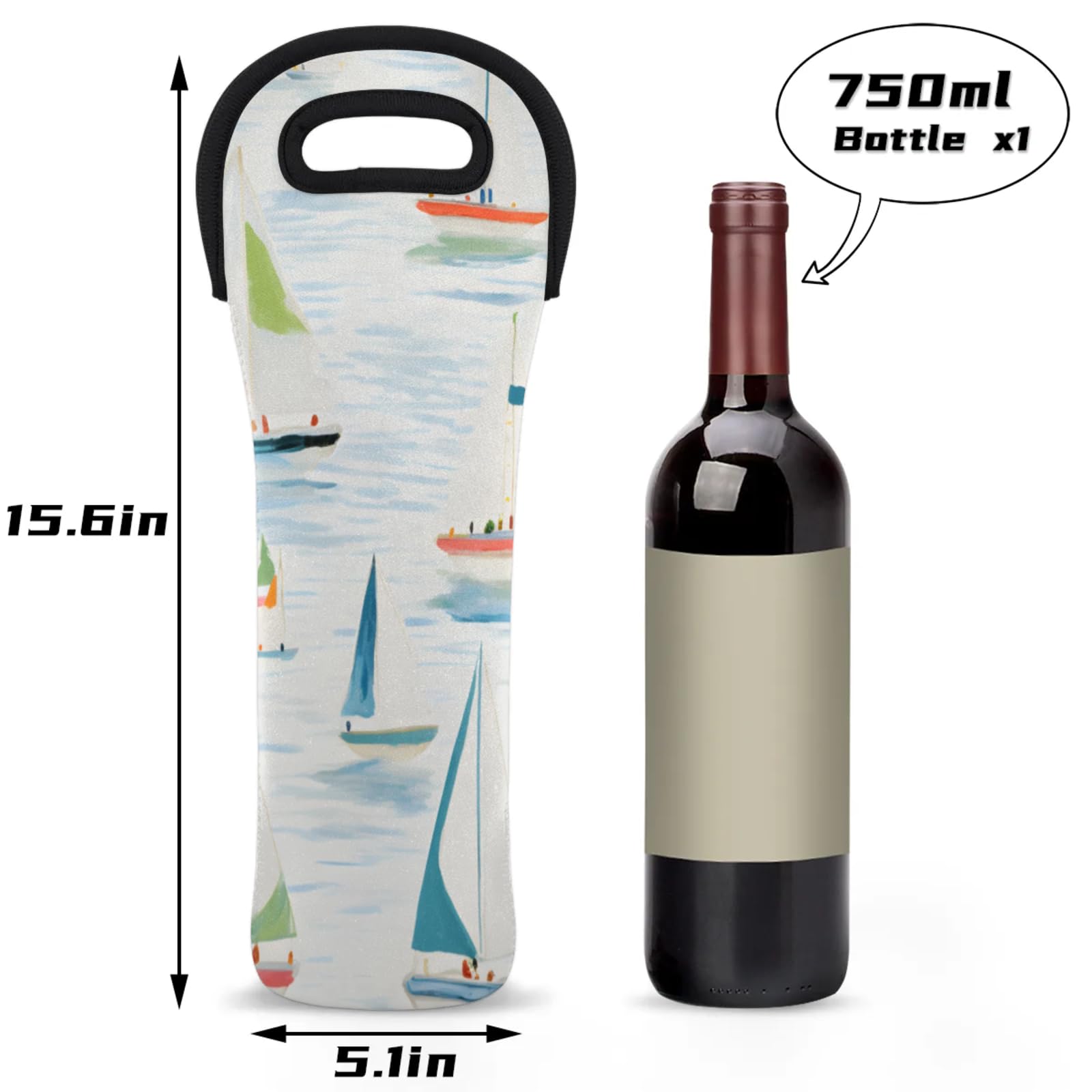 Neoprene Wine Tote Carrier Bag for Wine,Water, Champagne, Beer, Baby Bottles 15.6 x 5.1 Inches, Protective Wine Bag,Cartoon Sailboat