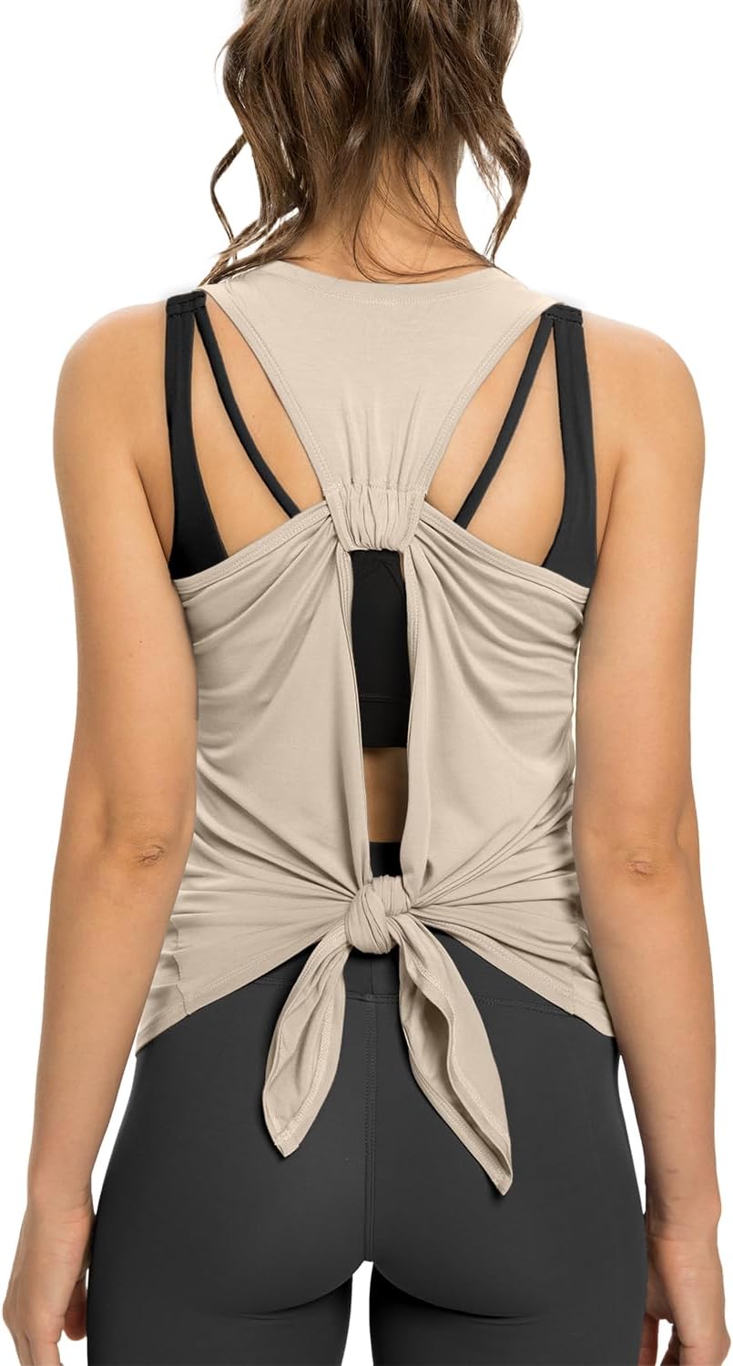 Sanutch Women’s Open Back Yoga Tank Top Tie Back Sleeveless Workout Shirt Backless Athletic Activewear