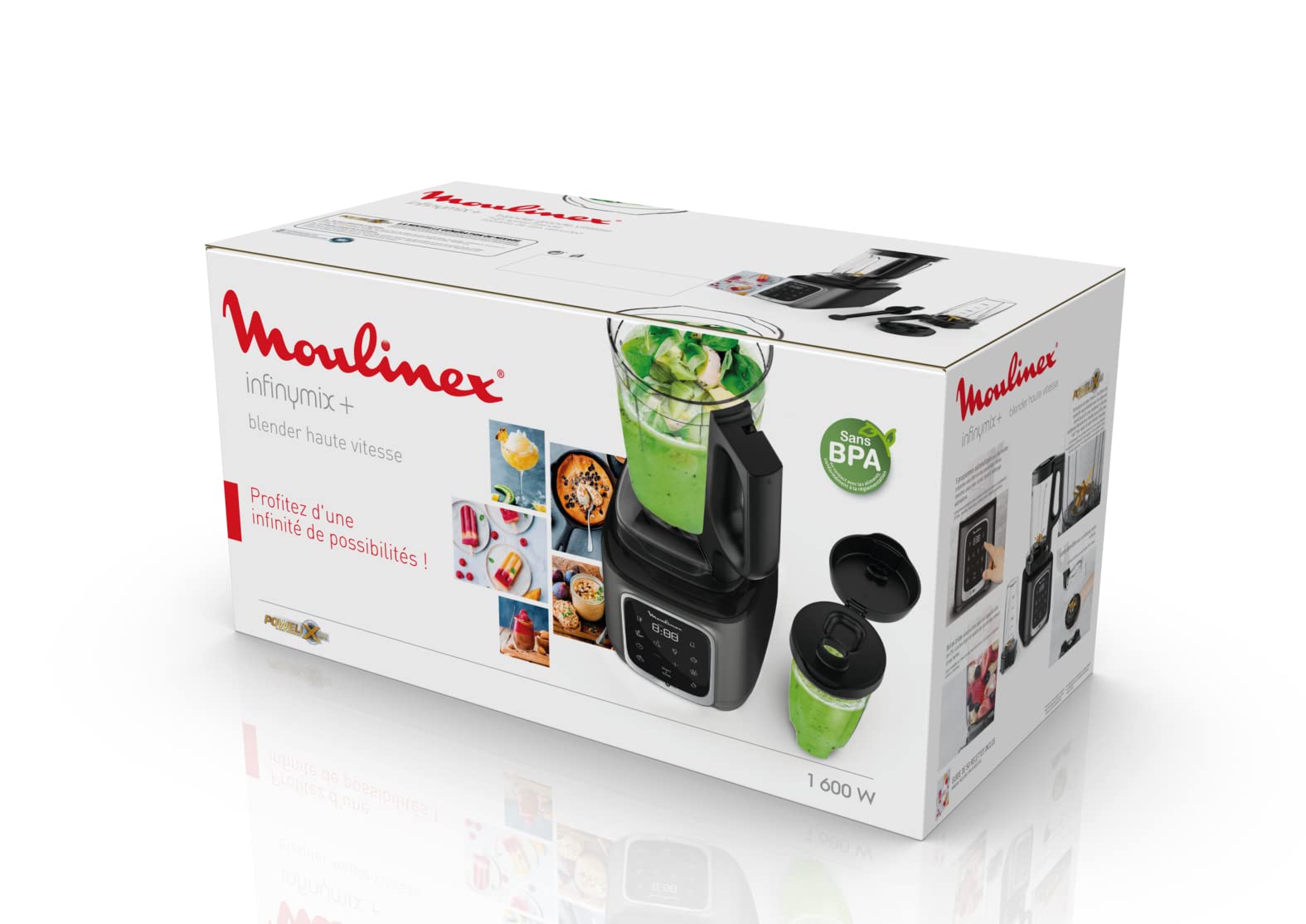 Moulinex InfinyMix LM91HD Standmixer, 5 Programme + manuell, Tritan Karaffe BPA-frei 1.75L + Transportflasche Tritan 600ml Buch 50 Rezepte Smoothies Eis Zerkleinern 1600W, Keine Angaben
