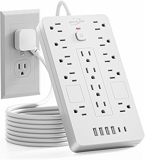 Surge Protector Power Strip-14 Outlets and 6 USB Ports, 6 Feet Flat Plug Extension Cord, 1850 Joules, White, ETL Listed for Home, Office, Dorm Room