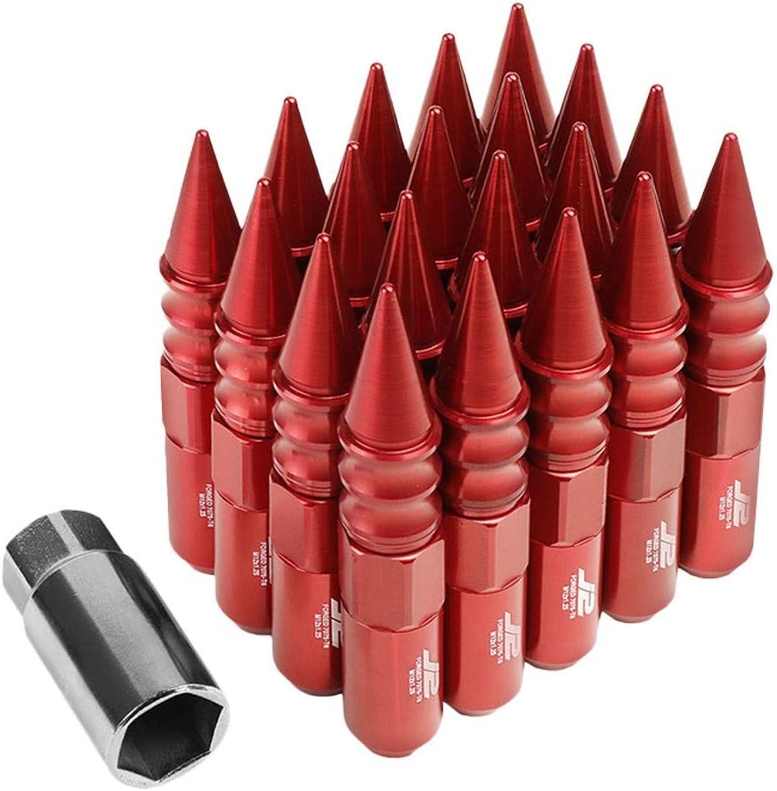 J2 Engineering T7-015 Open End Acorn Tuner w/Spike Cap Lug Nuts 20PC Set M12 x 1.25 Conical Seat (Red Anodized 7075 Forged Aluminum)