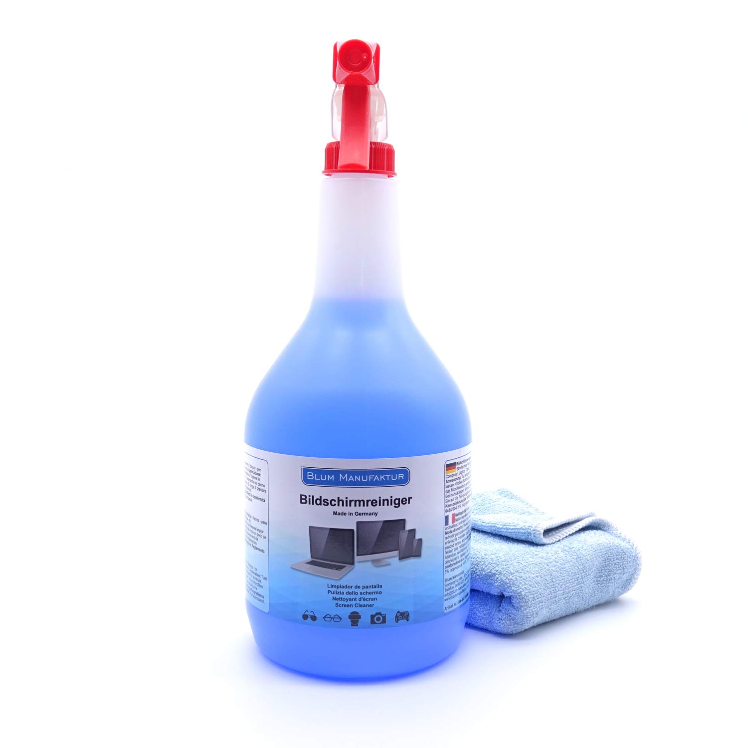 Blum - 1000ml Nettoyant pour écran + Chiffon Microfibre 30x30 cm. Nettoyage Absolument sans Traces de Tous Les écrans et displays.