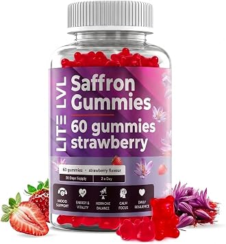 LITE LVL - 60 x Natural Strawberry Flavoured Saffron Extract Gummies - Daily Serving 2 Gummies per Day - Relax Unwind- Rich in Antioxidants - Saffron Supplement