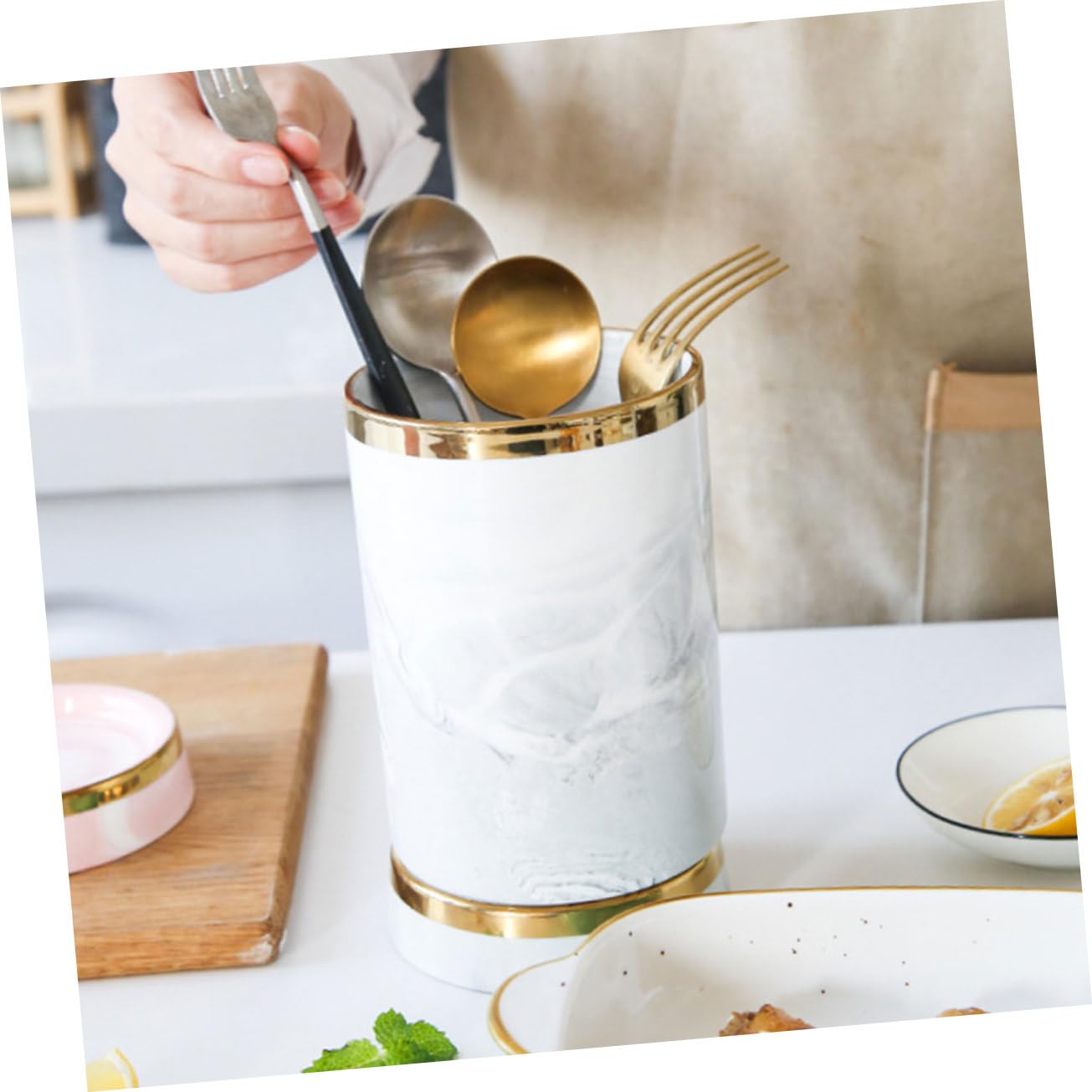 Gatuida Porte-ustensiles de Cuisine Céramique Motif Marbre Gris avec Bord Doré Grand Organisateur pour Couverts Baguettes Cuillères et Spatules Support Pratique pour Plan de Travail