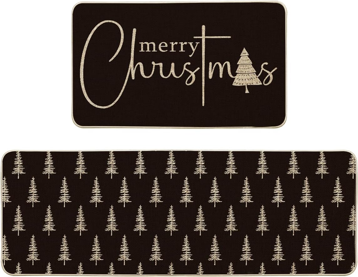 Artoid Mode Red Xmas Tree Merry Christmas Kitchen Mats Set of 2, Winter Home Decor Low-Profile Kitchen Rugs for Floor - 17x29 and 17x47 Inch