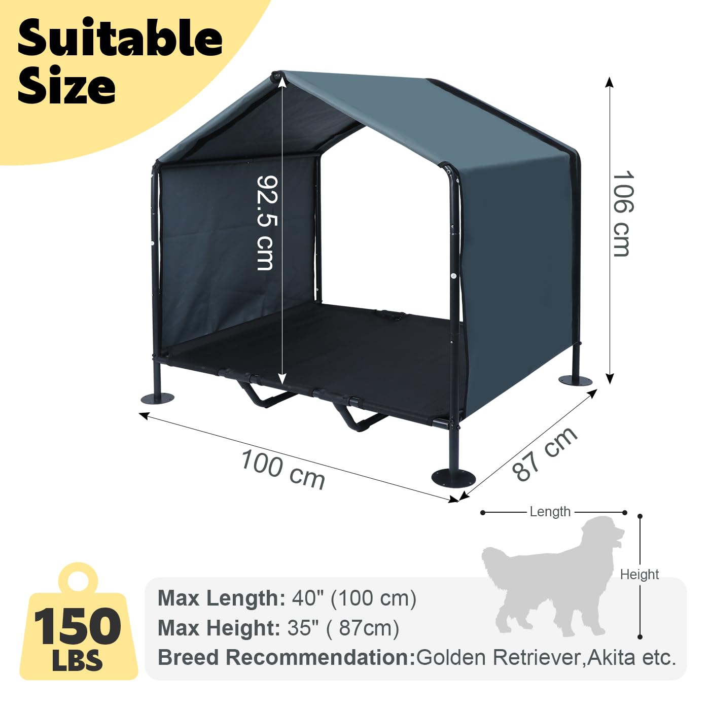 Hundehütte Outdoor mit Hundebett, 100 x 87 x 106 cm, Sonnengeschützte Hundehütte für Kleine bis Große Hunde und Katzen, Wasserdichtes Hundezelt mit Abnehmbarer Tür, für Camping, Garten, Dunkelgrau