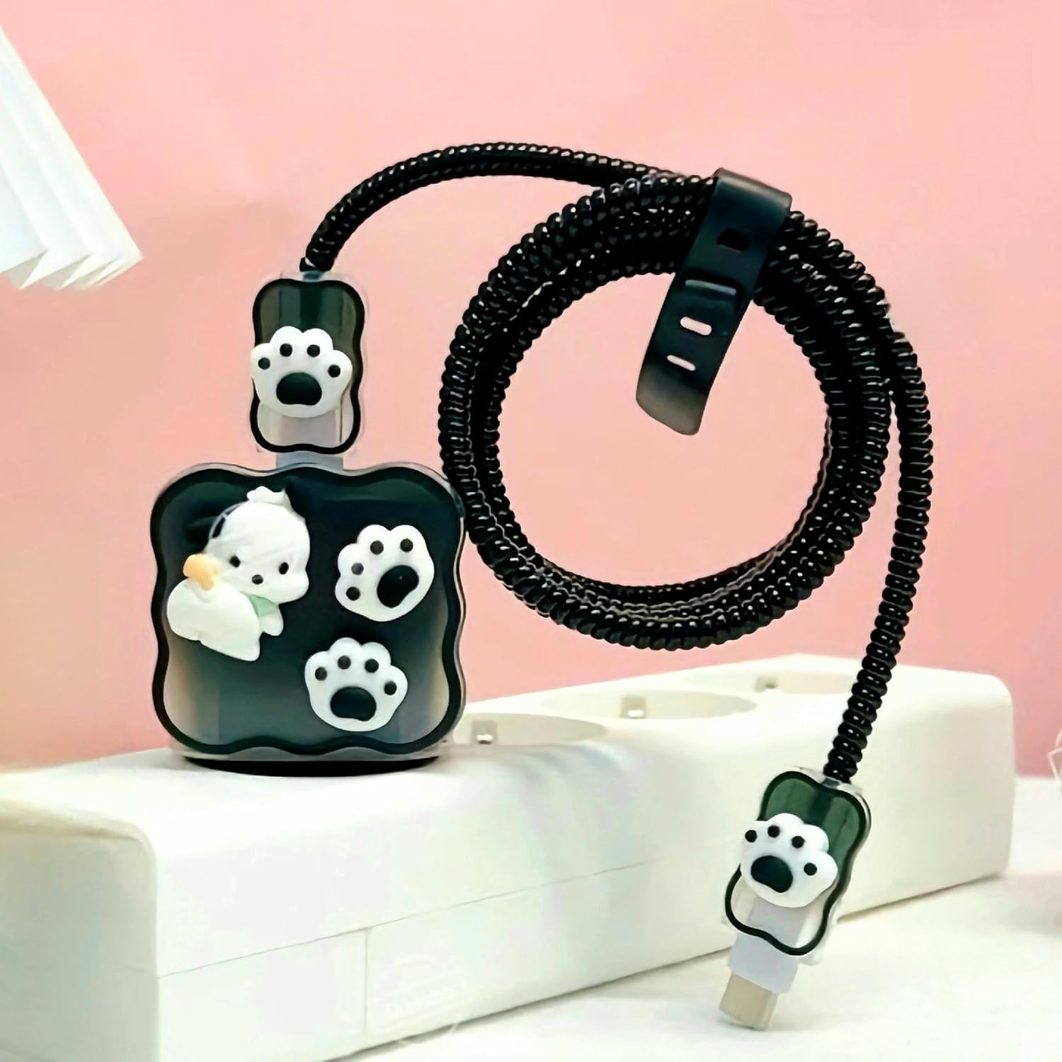 Best HUB Cable Protector with 3D Cute Pattern for iPhone Charger only 18W & 20W, Data Charging Cable Wire Saver Protective Cable Cover Full Protection Cable Sleeve - Set of 1 (Black-PAW)-image-41