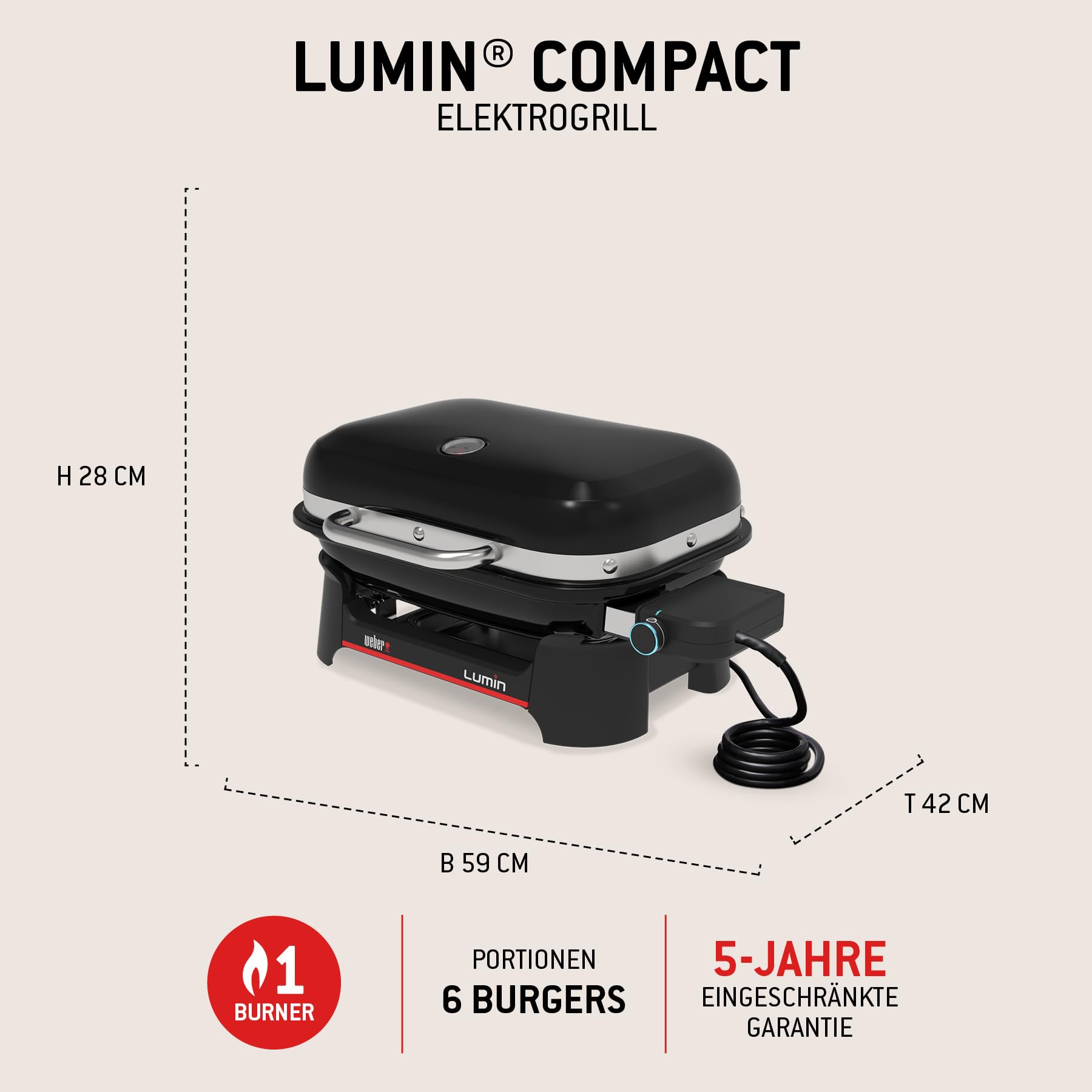 Weber Lumin Compact Tragbarer Kompakter Elektrogrill, Bis zu 315 °C, mit Deckelthermometer, Porzellanemaillierte Gusseisenroste, 43 x 32 cm Grillfläche, Schwarz (1502044)