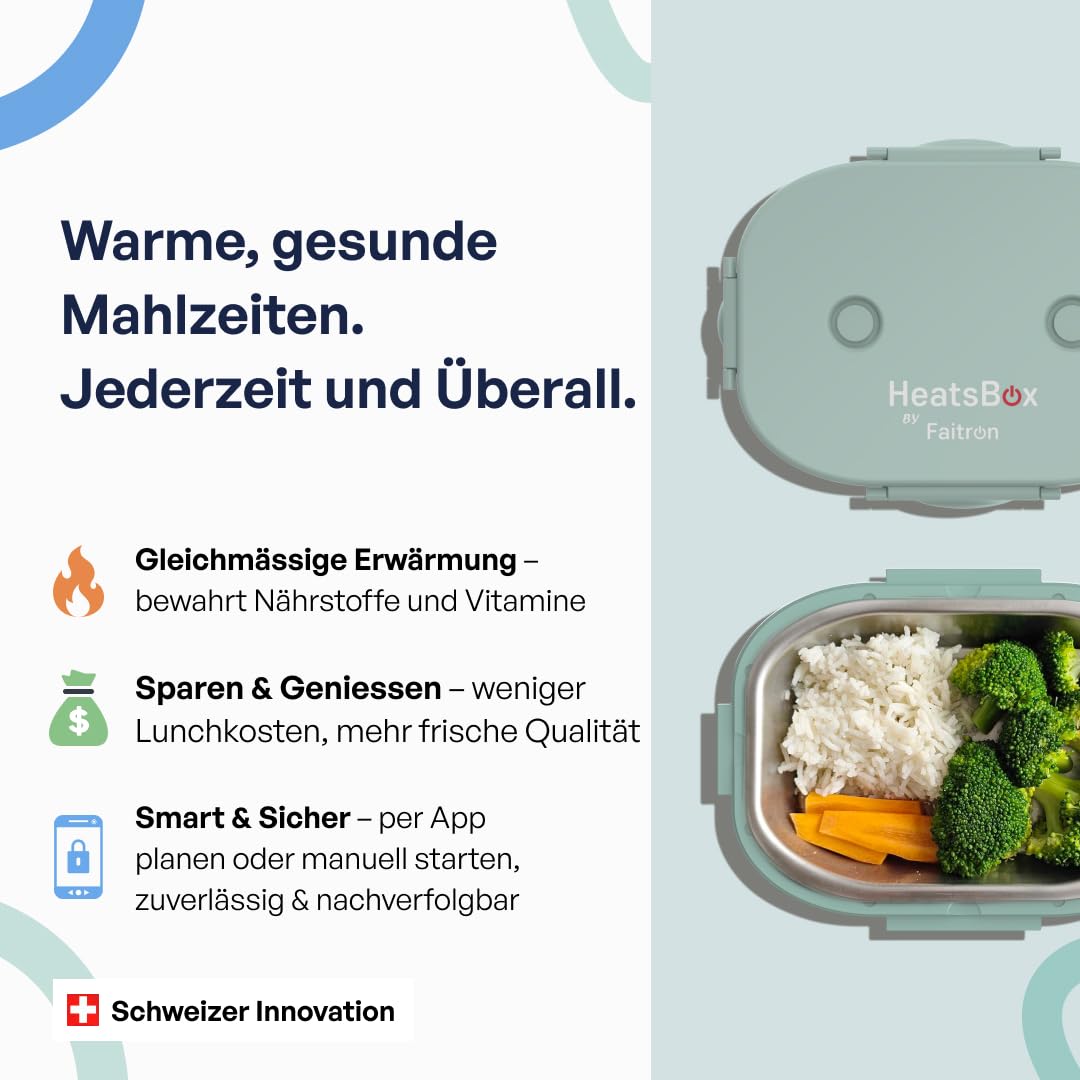 Faitron HeatsBox Go Kids – Beheizbare Lunchbox für Kinder, 540-ml-Edelstahlbehälter, integrierter Akku (100 W) und App-Steuerung, tragbarer Speisenwärmer für Schule/Reisen - Green