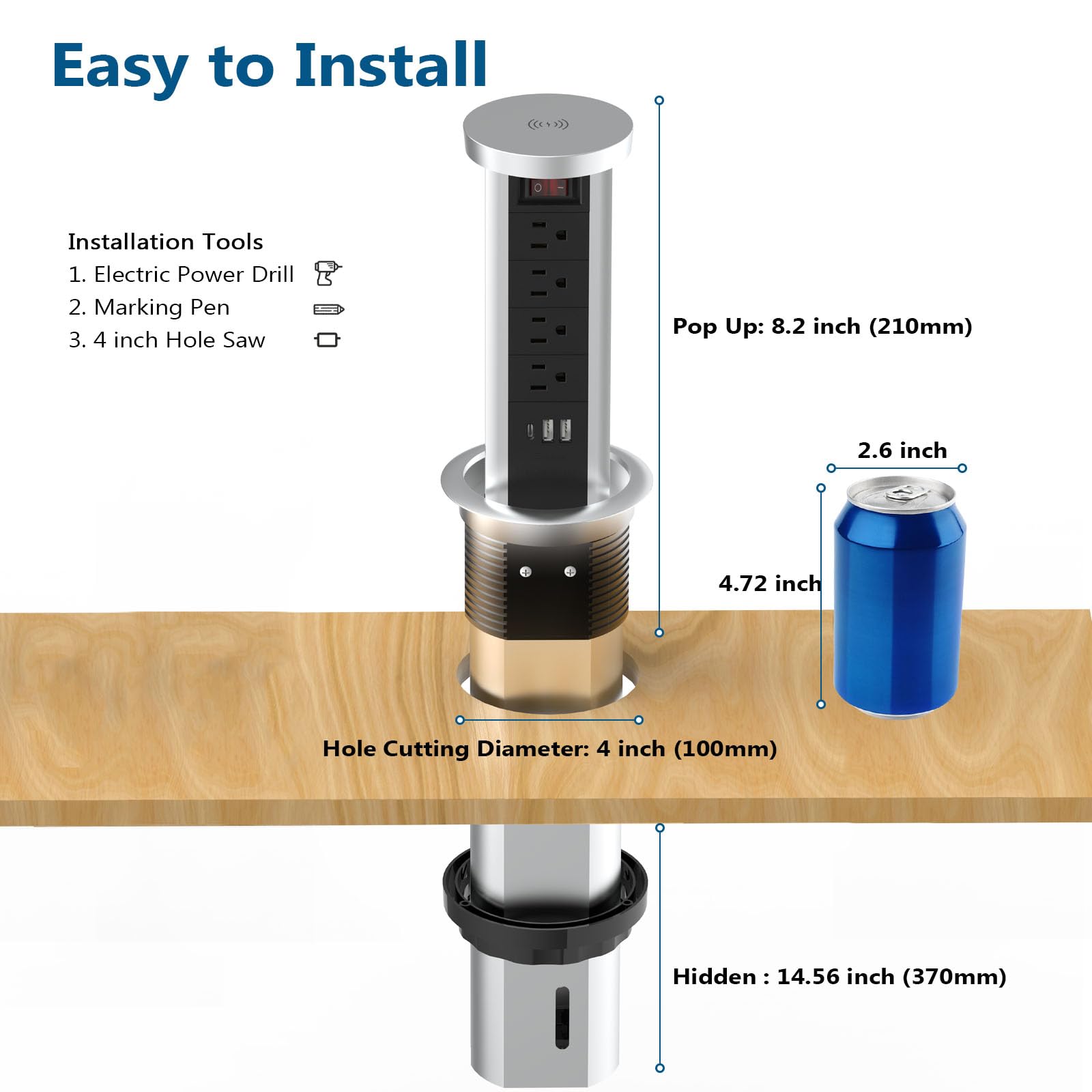 BTU Pop Up Outlet for Countertop, Receptacle Power Strip with USB C & 4 AC Outlet, Pull Popup Outlet Recessed Power Socket with 10W Wireless Charger for Kitchen Conference Office