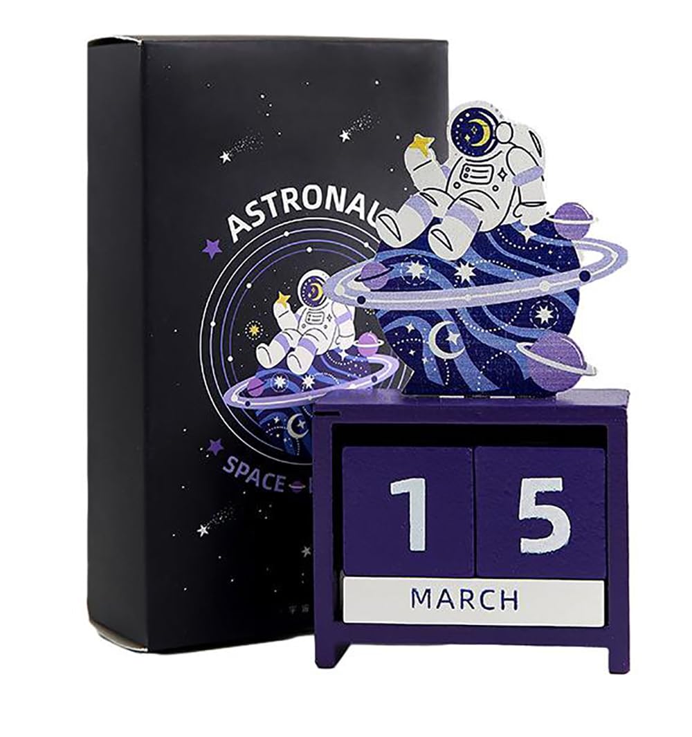 Calendario da tavolo in legno, design perpetuo astronauta con blocchi di data e mese, decorazione pratica per casa e ufficio per un uso duraturo, ecologico e riutilizzabile per anni