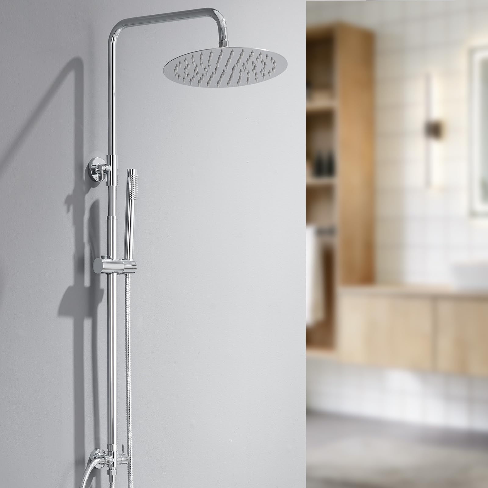 Auralum Columna Ducha sin Grifo, Set de Ducha con Cabezal de Ducha Lluvia 30×30 cm Cuadrado Acero Inoxidable, Alcachofa, Barra de Ducha Altura Regulable 68-108cm,válvula desviadora de Latón,Cromo — view 10