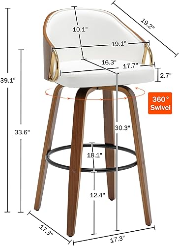Miniatura 2 de Juego de 2 taburetes de bar giratorios de 30 pulgadas de altura, taburetes de bar altos de cuero blanco, sillas de bar modernas de mediados de siglo