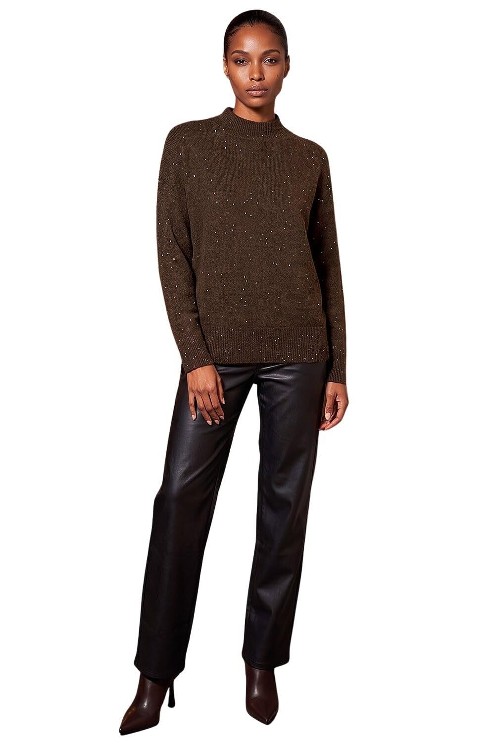 Roman Originals Women's Chocolate Diamante Sequin Jumper For Uk Sparkly Glitter Sweater Embellished Smart Casual Autumn Winter High Neck Knitwear Knitted Pullover - Size 10
