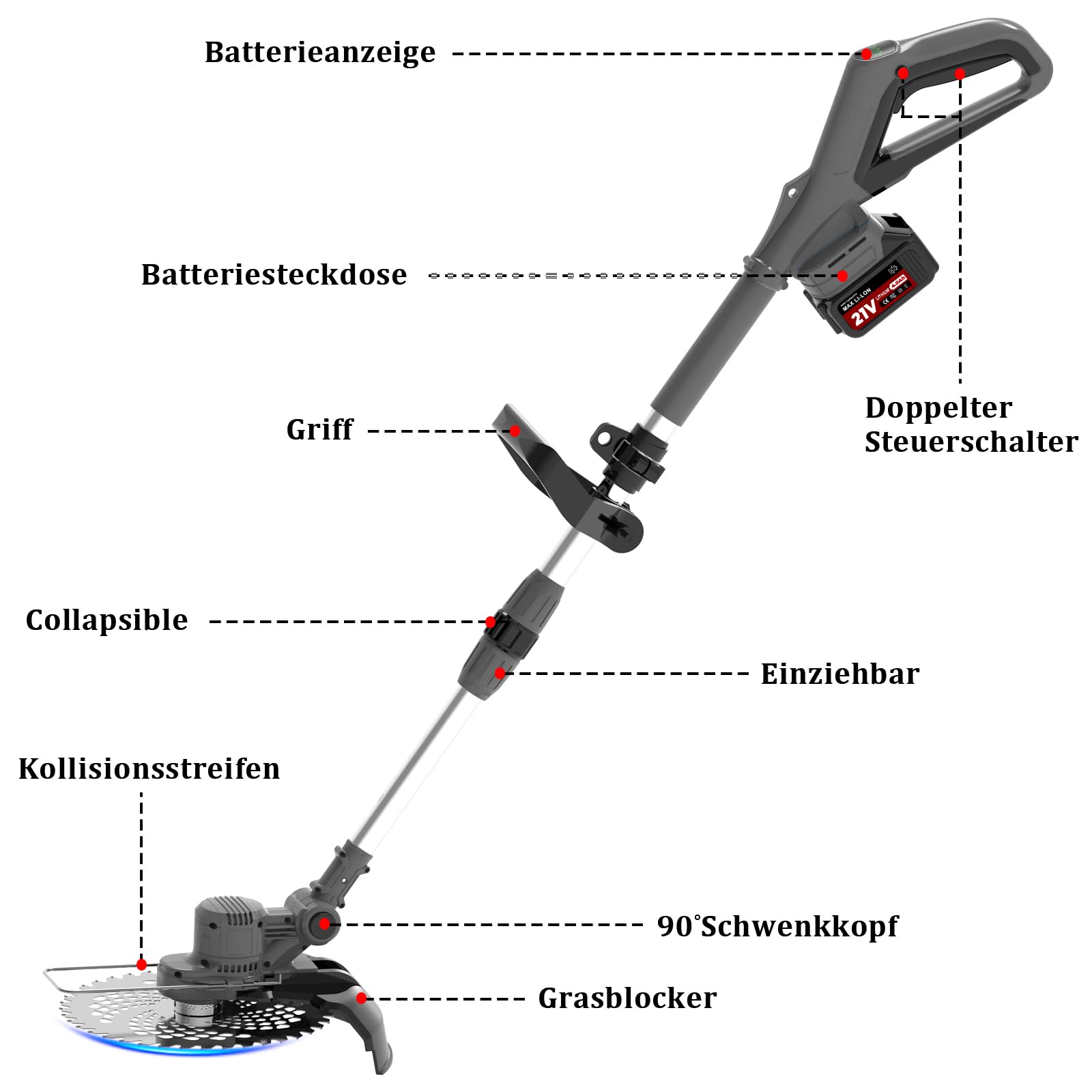 Desbrozadora eléctrica inalámbrica, corte con borde inalámbrico 4 en 1, con 2 baterías 4,0 Ah, cabeza giratoria 90°, mango ajustable, diámetro de corte: 22 cm para jardín