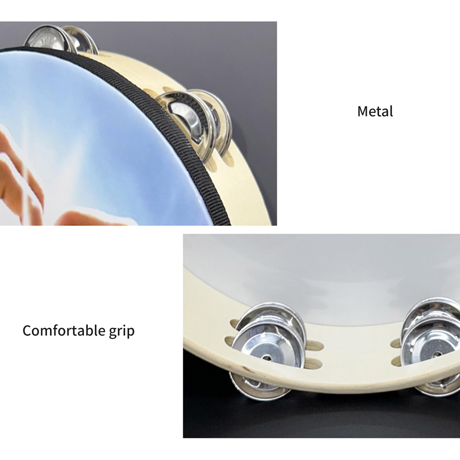 Tamburello a percussione portatile Materiali naturali Costruzione Campane in metallo Strumento di apprendimento musicale Adatto a tutte le età Tamburello professionale in lega