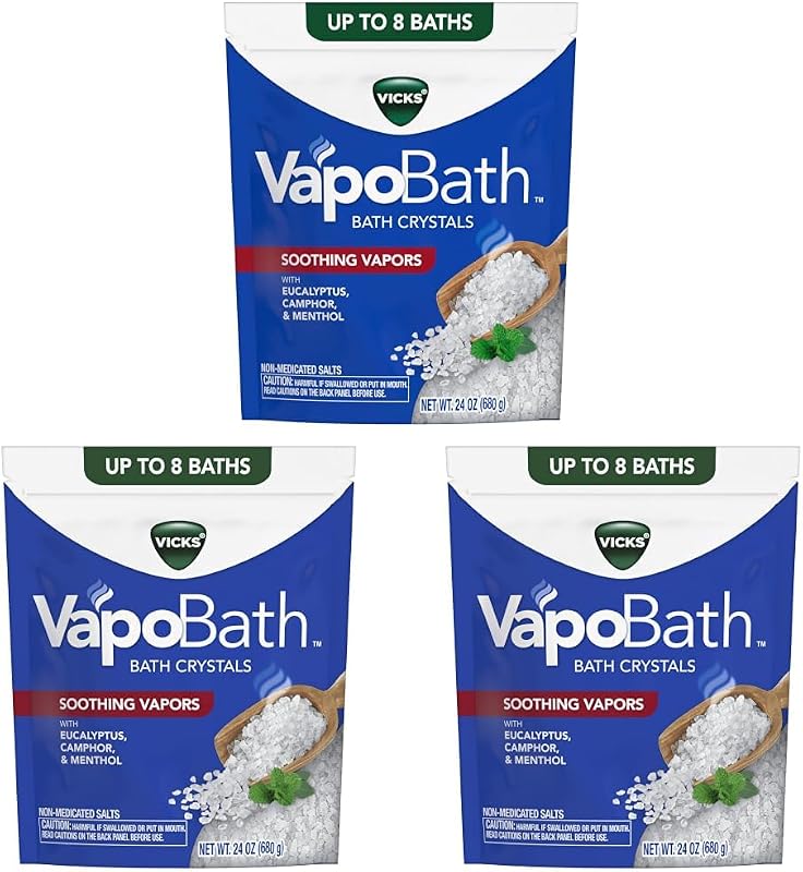 Vicks VapoBath Cristais para Banho com eucalipto, mentol e óleos essenciais, 680 g, pacote com 3