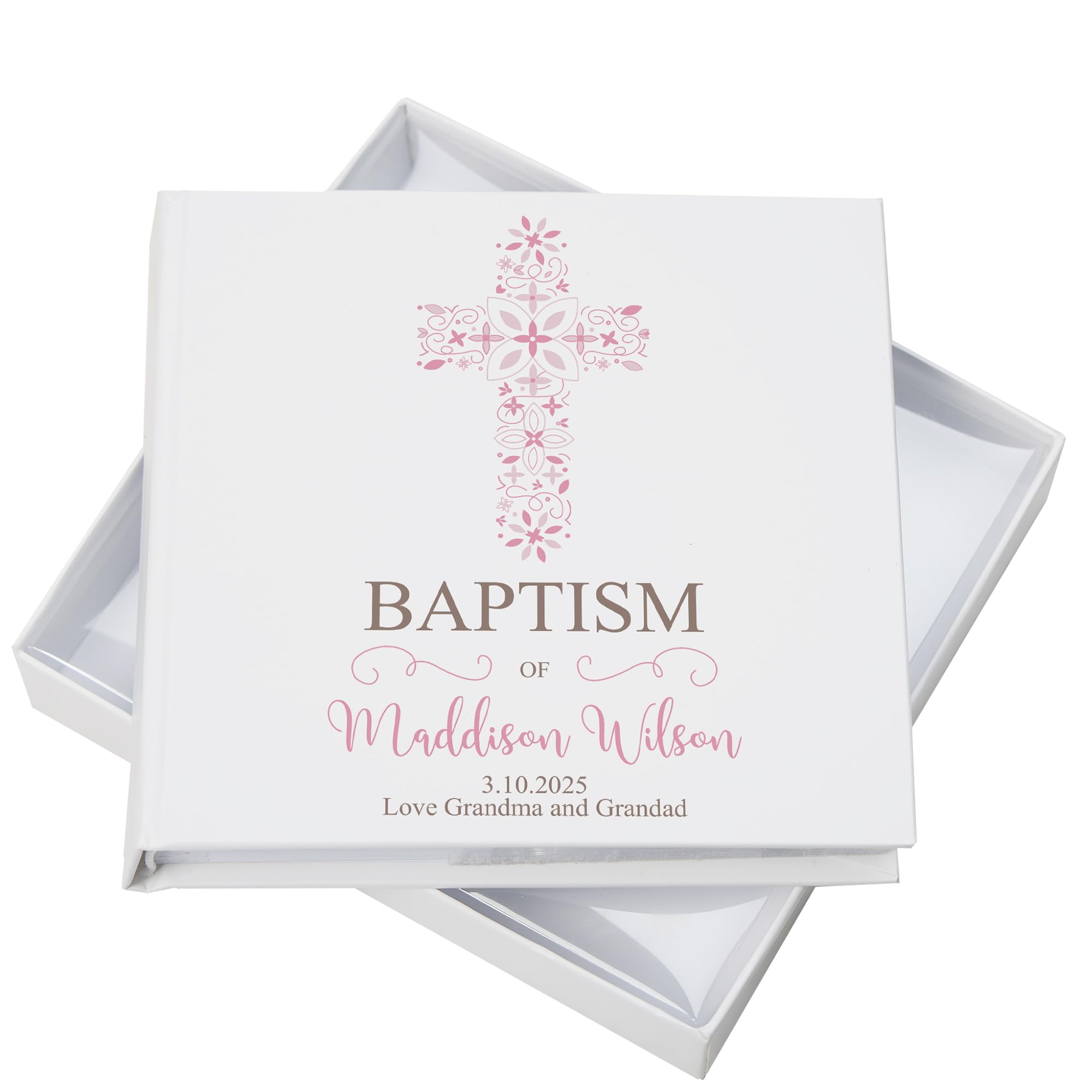 Ukgiftstoreonline White Personalised Baptism Ornate Pink Cross Photo Album