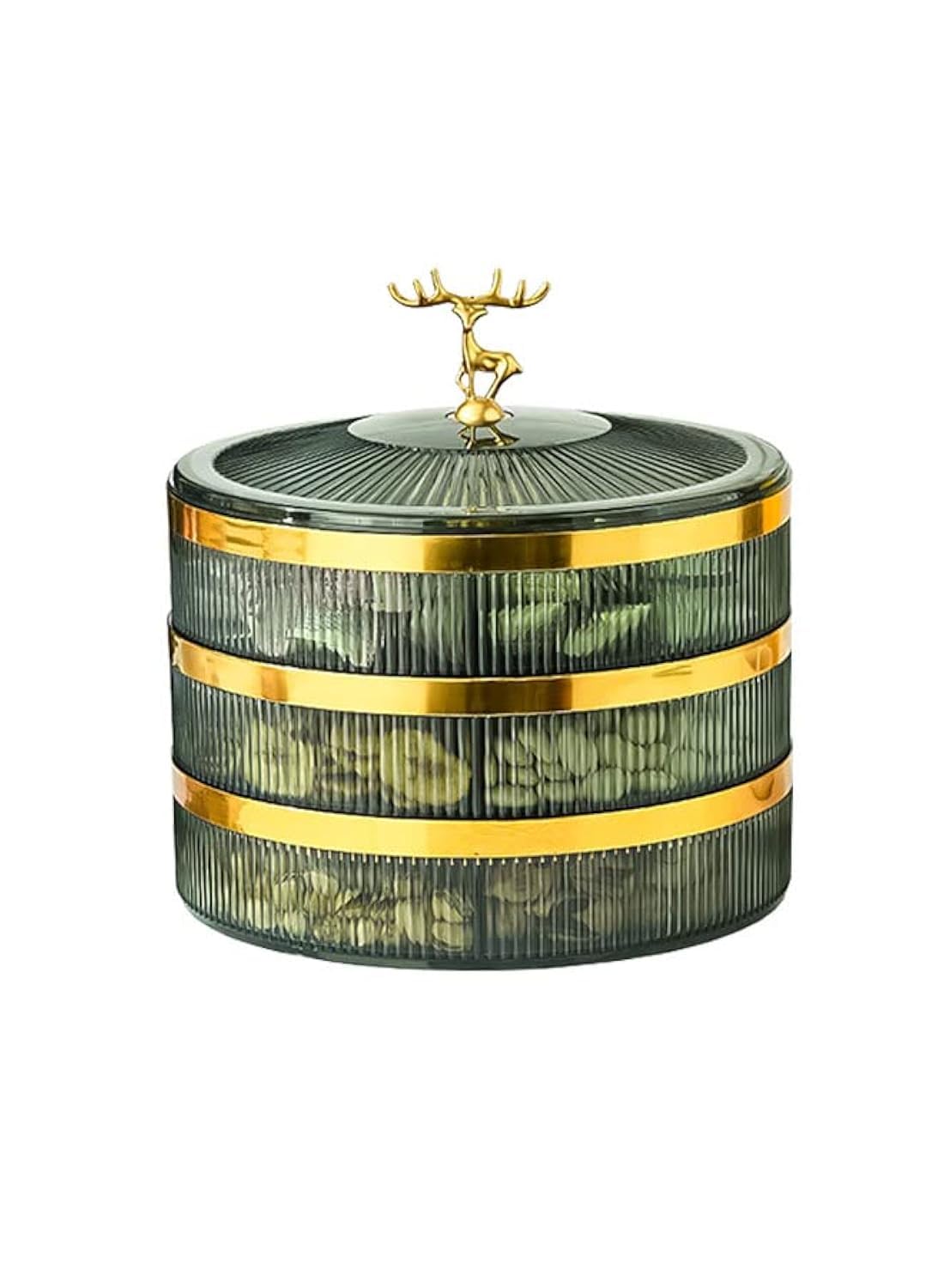 ZCM HAPPY 3 Tier Fruit Nut Candy Box, Snack Box with Lid Fawn (Green+Gold)